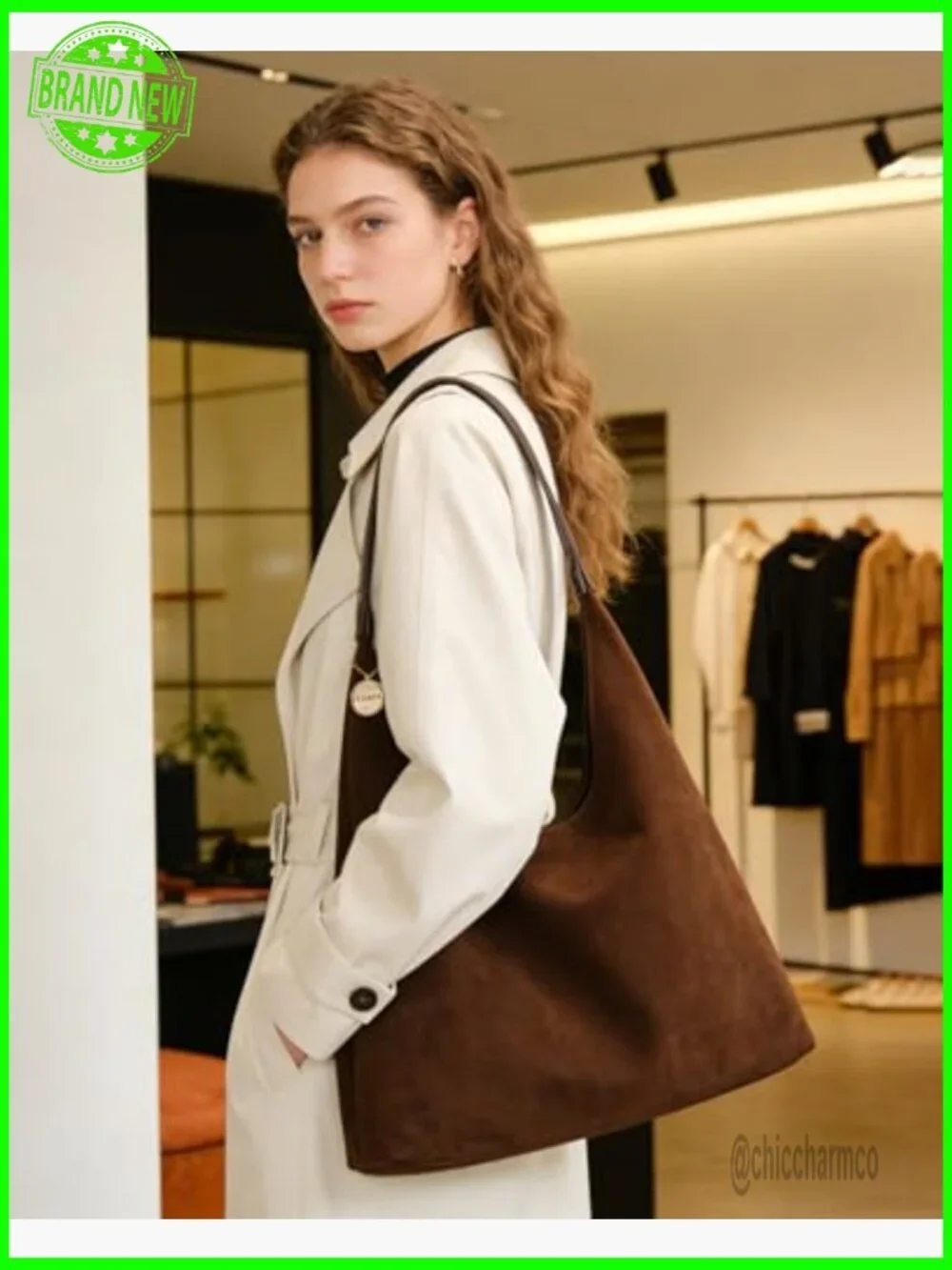 Large Slouchy Hobo Tote Bag, Faux Suede, Zipper Closure, Shoulder Strap